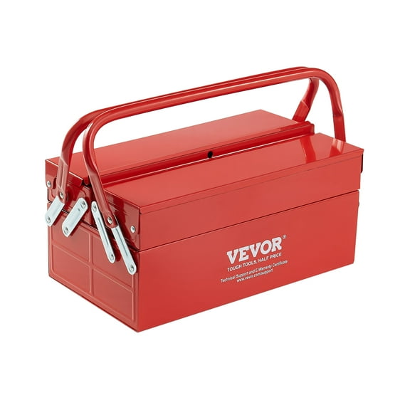 VEVOR Metal Tool Box, 14-inch, 2-Tier 3-Tray Portable Folding Tool Chest Organizer with Handle & Lock Hole, Powder Coated Steel, Cantilever Toolbox for Household Factory Warehouse Repair Shop, Red