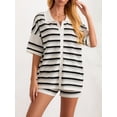 thumbnail image 3 of Musuos Women Summer Crochet Knit Pajamas Set Stripe Contrast Color Button Lapel Tops and Elastic Shorts 2 Pieces Loungewear Suits, 3 of 10