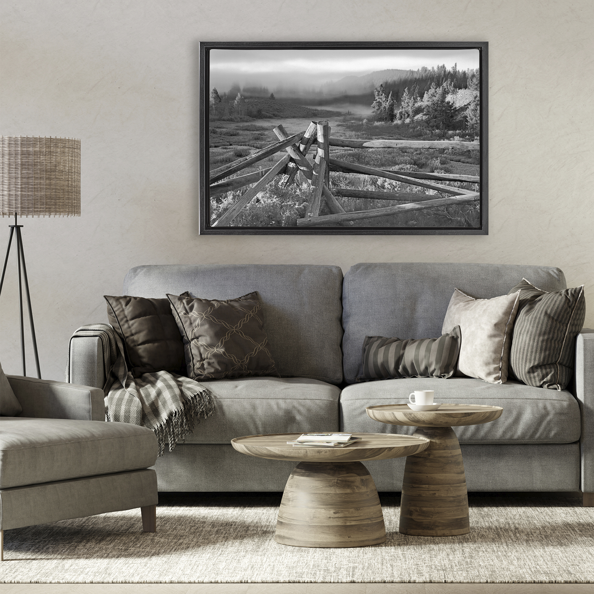 Grand Tetons Fence Beyond Black Framed Floater Canvas Wall Art, design by MJ Photography