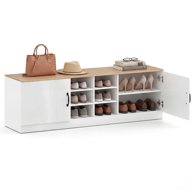 Costway Banc à Chaussures à 2 Portes avec Tablettes Ajustables et 6 Compartiments, Espace de Rangement Caché Naturel+blanc
