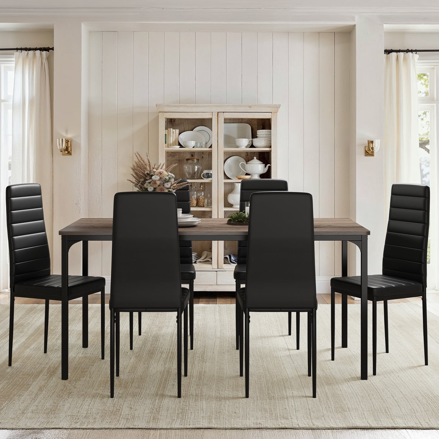Dining Table Set for 6, Lofka 7 Piece Wooden Kitchen Table Set with 6 Upholstered PU Leather Chairs for Dining Room, Living Room, Apartment, Small Space,Gray