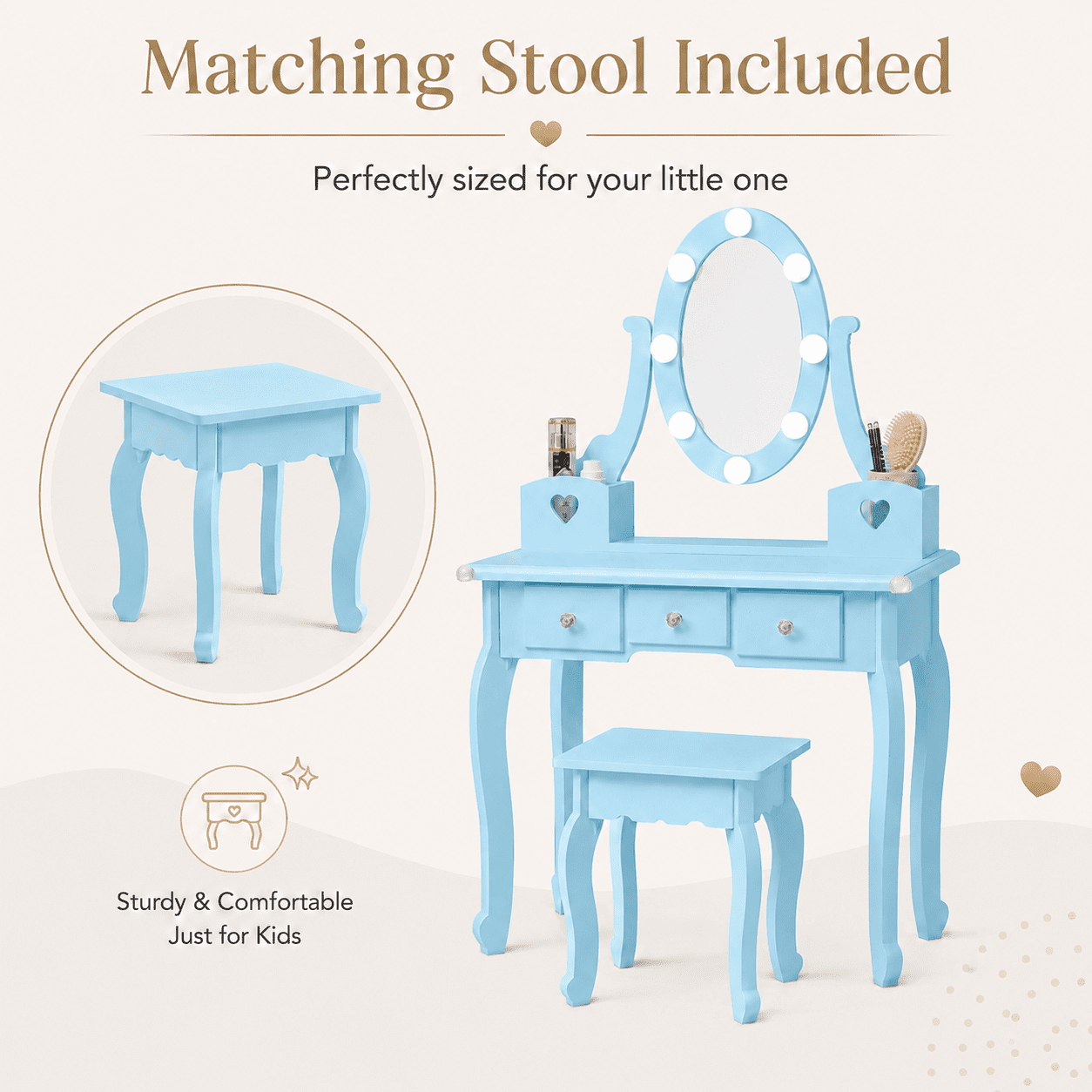 Ktaxon Kids Play Makeup Vanity Set with 3-Color Light, Girls Vanity Dresser Desk with Matching Stool, Light Blue