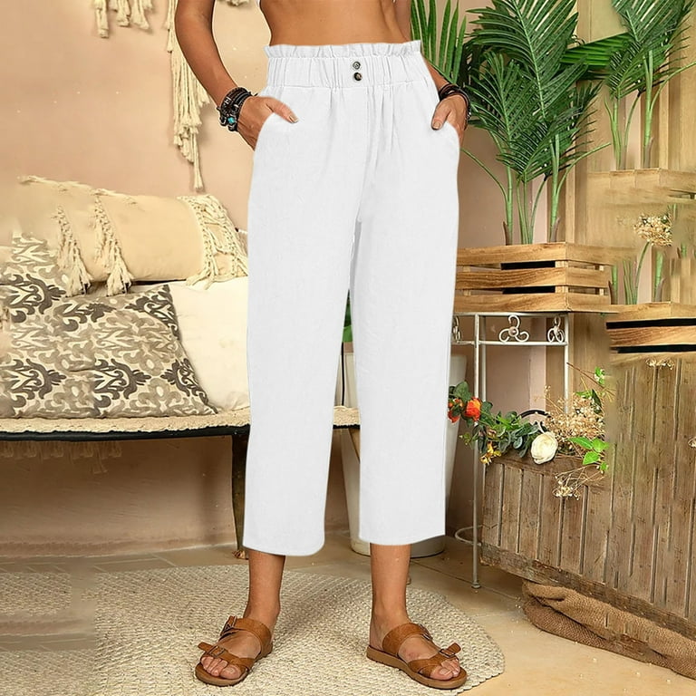 Fanxing Wide Leg Pants for Women Plus Size Summer Casual Cotton Linen Capri  With Pockets, Elastic Waist Comfy Work Long Trousers 