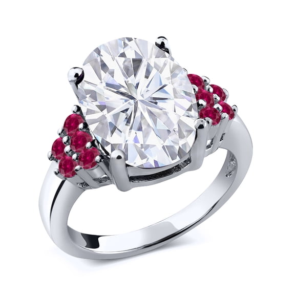 Gem Stone King 925 Sterling Silver Red Created Ruby Ring Set with Oval Moissanite (5.65 Cttw) (Size 7)