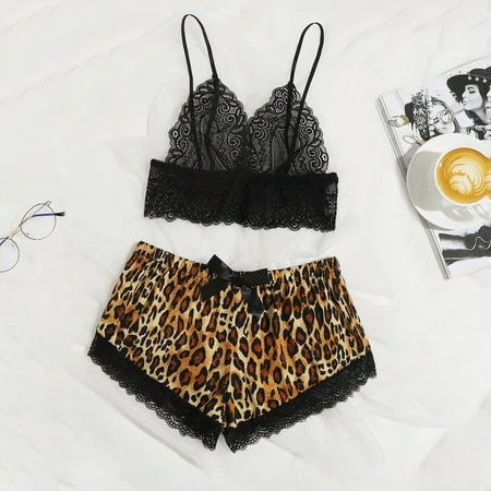

UDAXB Lingerie Satin Silk Pajamas Women Nightdress Lingerie Lace Underwear Sleepwear Leopard