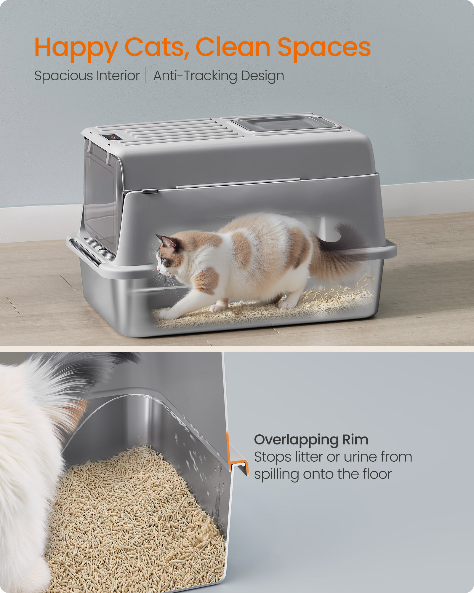Stainless Steel Cat Litter Box with Flip Lid, 23.6 Inch Enclosed Litter Box with 2 Doors and Leak-Proof Design, Dove Gray