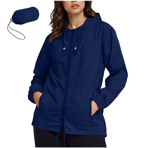 Womens Packable Hiking Jackets Light Weight Waterproof Outdoor Raincoat Hooded Zipper Outwear Long Sleeve Jacket Blue, 2XL