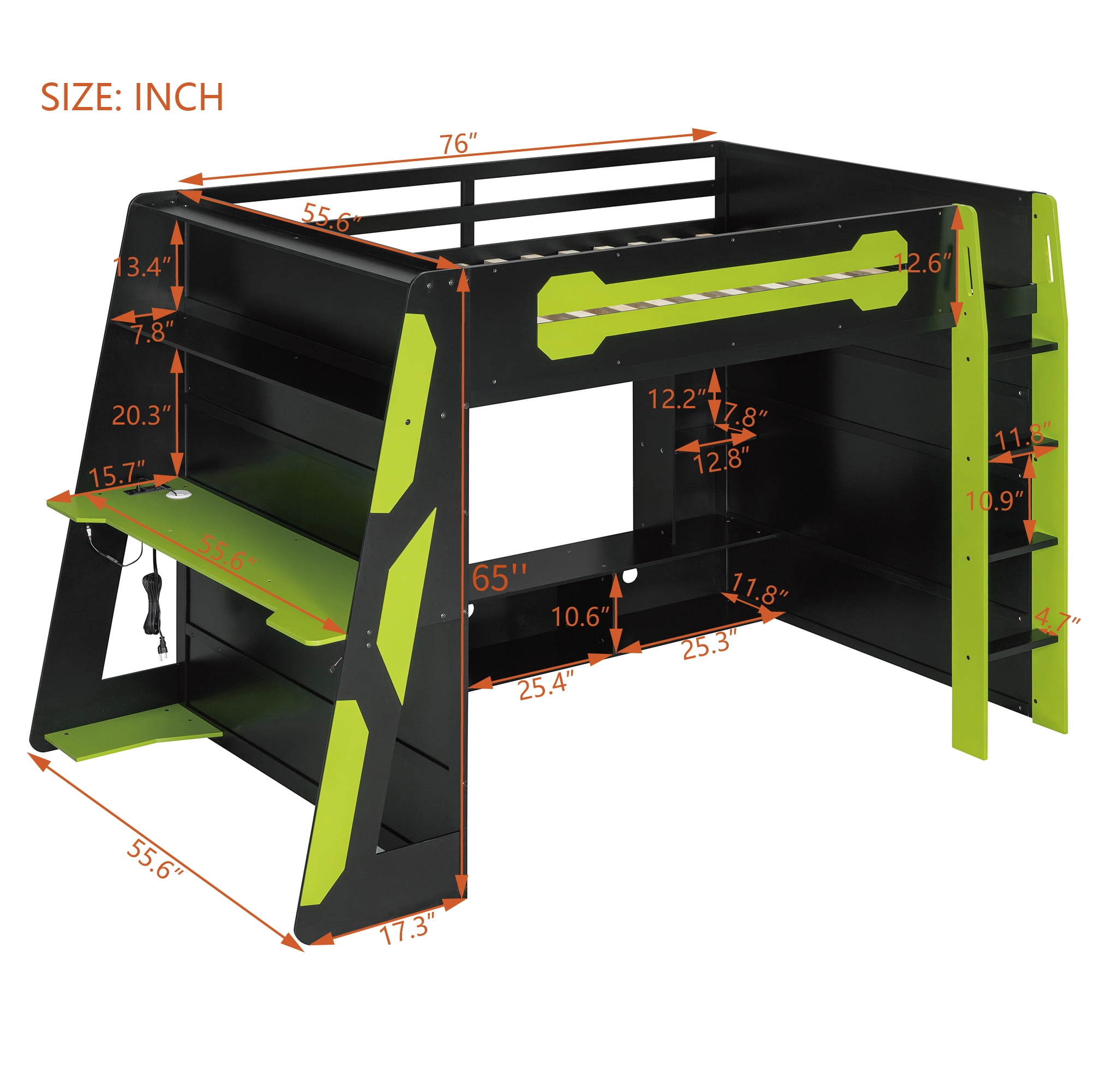 Noble House Full Size Wood Loft Bed with Desk, Green