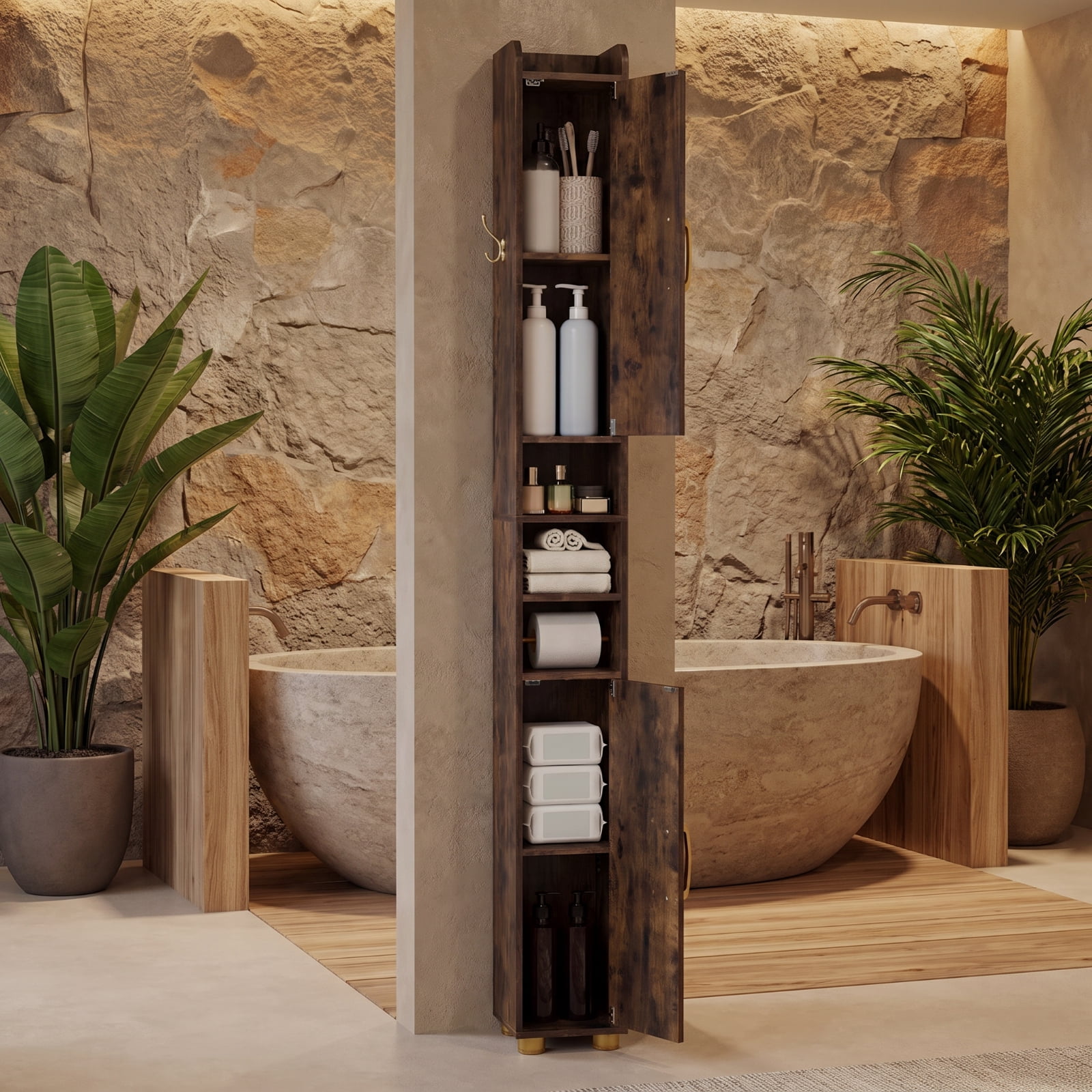 Vebreda Narrow Bathroom Storage Cabinet, Tall Freestanding Slim Cabinet with 2 Closed Cabinets, Open Shelves and Toilet Paper Holder, Adjustable Shelves and Hook, Rustic Brown