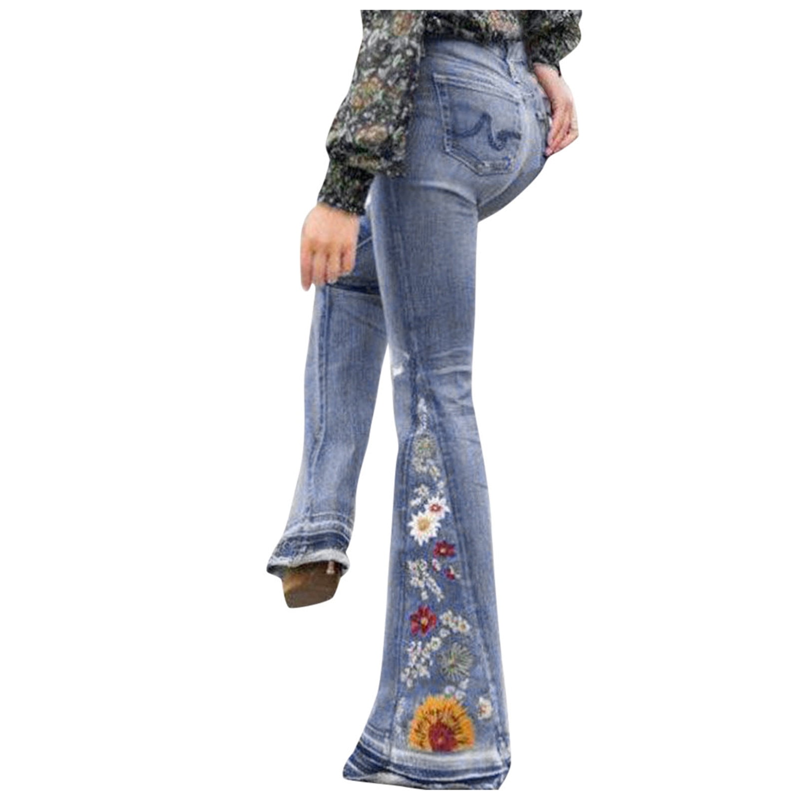 Lirclo Women Embroidery Destoryed Flare Jeans Button Waist Bell Bottom Denim Pants Blue XL Lirclo Women Embroidery Destoryed Flare Jeans Button Waist Bell Bottom Denim Pants Blue XL