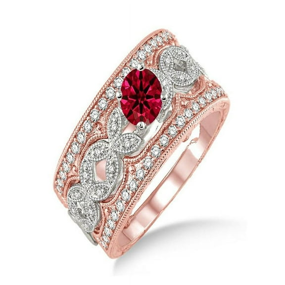 2 Carat Ruby & Diamond Antique Trio Bridal Set Engagement Ring on 10k White Gold