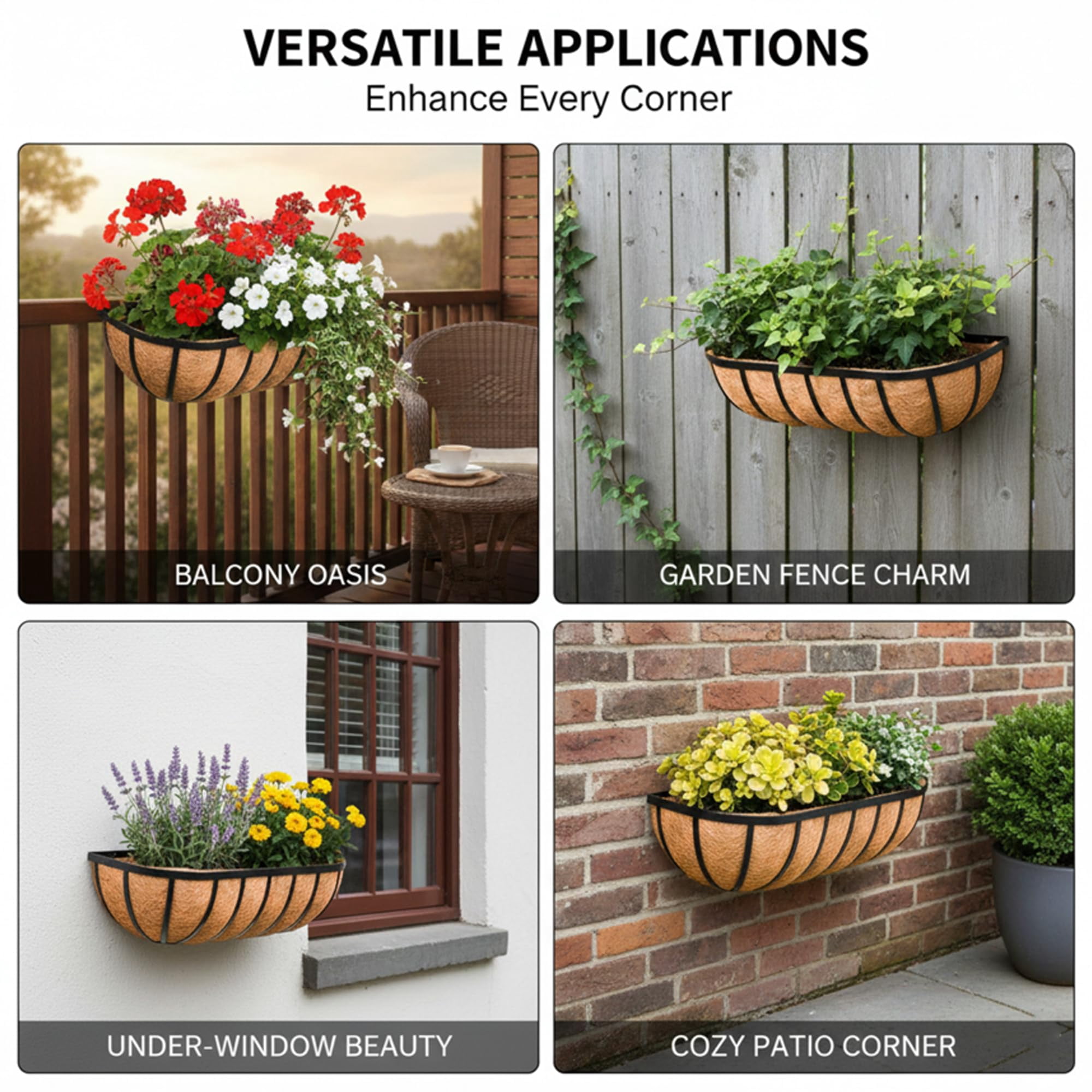 16 Inch Window Box Railing Planter 4 Pack Metal Wall-mounted Coconut Liner Outdoor Deck Balcony Porch Fence Patio