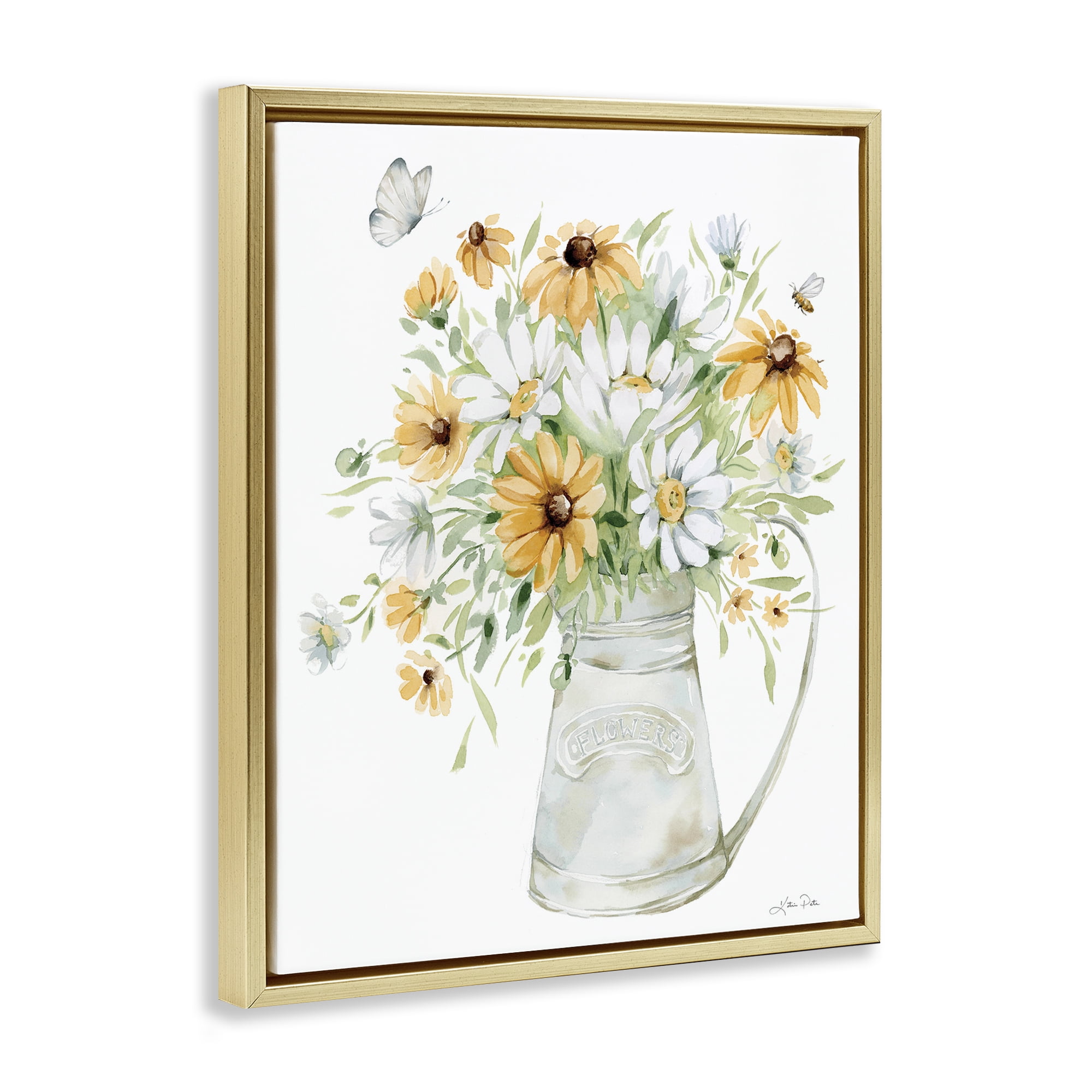 Stupell Industries Sunflowers & Daisies Vase Botanical & Floral Painting Gold Floater Framed Art Print Wall Art, 17 x 21