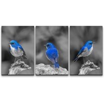 wall26 3 Panel Canvas Wall Art - Color Splash of Blue Bird with Black and White Background - Giclee Print Gallery Wrap Modern Home Art Ready to Hang - 16"x24" x 3 Panels