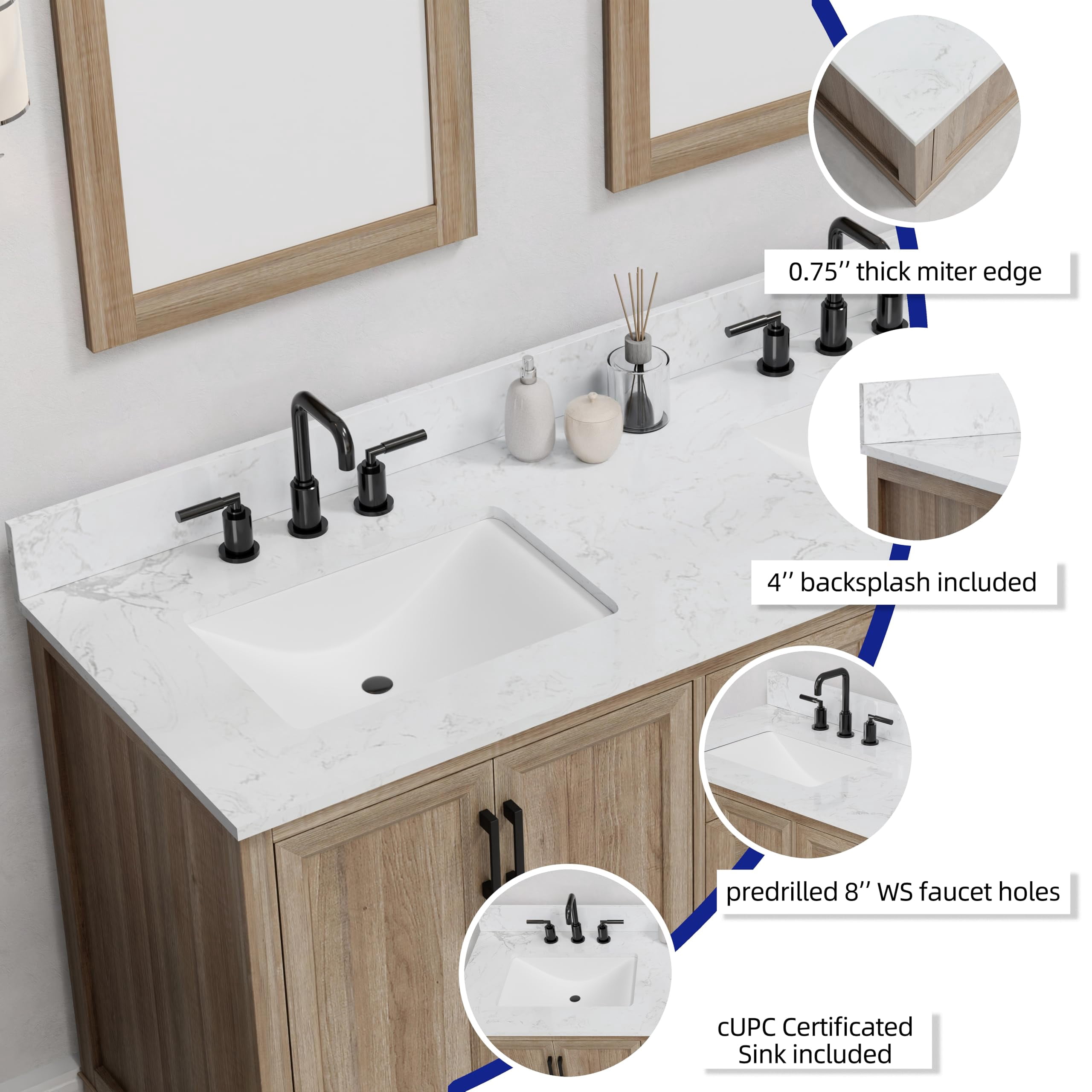 Retford 48" Double Bathroom Vanity, 49" W x 22" D x 34.5" H, Carrara White Engineered Marble Top with 2 Sinks & Backsplash, Light Wood, MDF, Pre-Assembled, Soft-Closing Drawers and Doors.