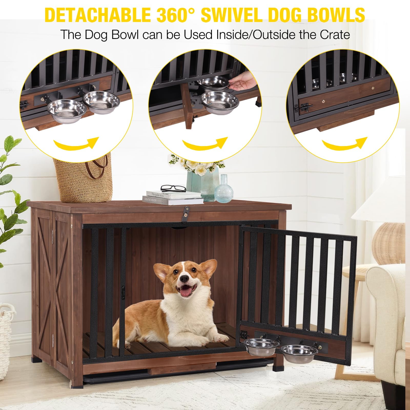 Aivituvin Folding Dog Crate Furniture Portable Metal Dog Kennel with Bowls & Tray, Dog Crate for Small & Medium Dogs with Opening Roof, Brown