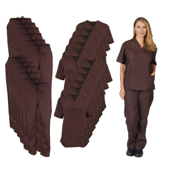 M&M SCRUBS Women Scrub Set V-Neck Medical Scrub Tops and Drawstring Pants - Pack of 12 Set (Chocolate, XX-Small)