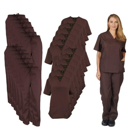

M&M SCRUBS Women Scrub Set V-Neck Medical Scrub Tops and Drawstring Pants - Pack of 12 Set (Chocolate XX-Small)