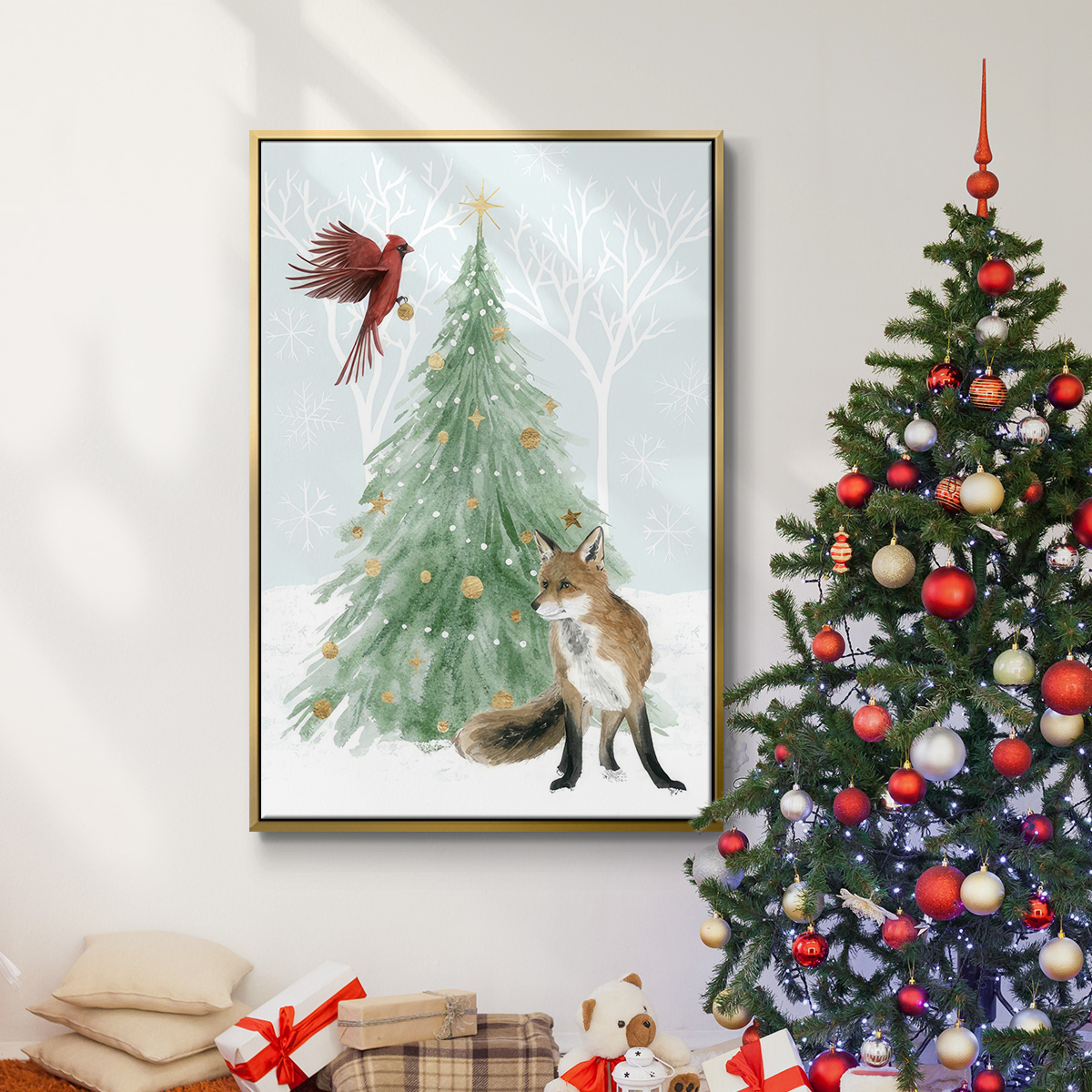 Christmas in the Forest Collection B - Framed Gallery Wrapped Holiday Canvas - 17 x 25 - Gold Frame