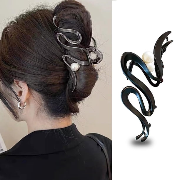Pinzas para el pelo con cinta negra de metal con perlas, accesorios para el cabello para mujeres y niñas, pinzas para el pelo con ondas curvas elegantes, horquillas brillantes, pinza antideslizan