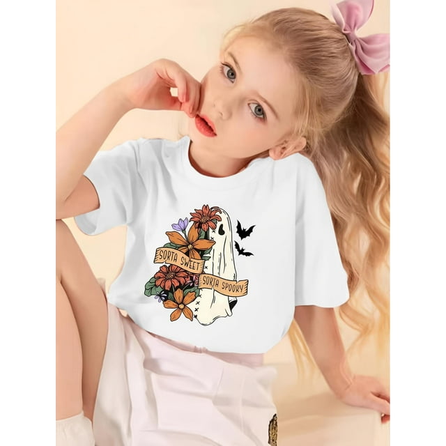 Girls' Navy Blue Cotton Blend Short Sleeve T-Shirt with Halloween & Floral Print - Soft Breathable and Machine Washable for Summer, Festive Halloween apparel | Playful Print Tee Stretchable Mater