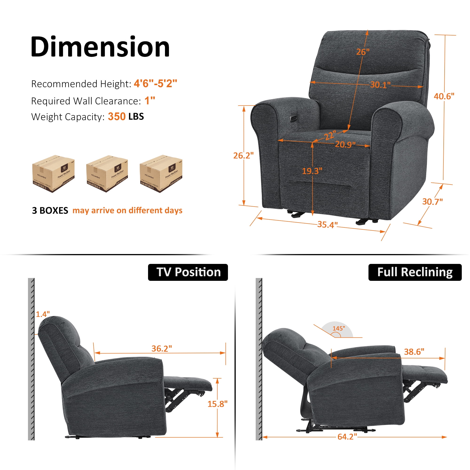 MCombo Small Wall Hugger Power Recliner Chair for Small Space RV Living Room, , Modern Roll Arm Recliner, Fabric, Dark Grey