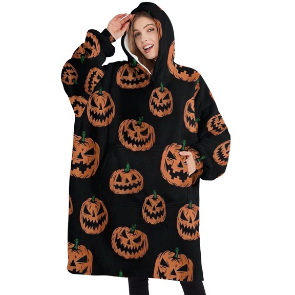 Oversized Wearable Blanket Hoodie,Halloween Spooky Pumpkins Pattern Sherpa Blanket Hoodie with Super Pockets,Super Warm Fuzzy Pullover for Women & Men