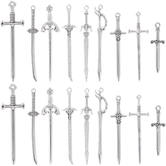1set 36pcs 9styles style Alloy Pendants Sword Antique Silver 34~86.5x10~23x2.5~5mm Hole: 1.5~2mm 4pcs/style