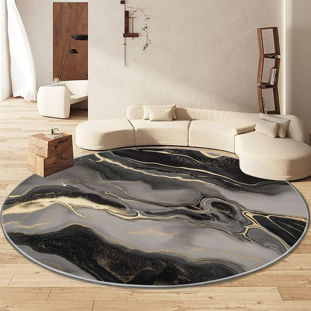 Non-Slip Round Area Rug 6' x 6', Marble Water Ripple Lines Washable Round Rug, Dark Gray Soft Low Pile Circle Area Rug for Kitchen Entryway Laundry Living Room Dining Room