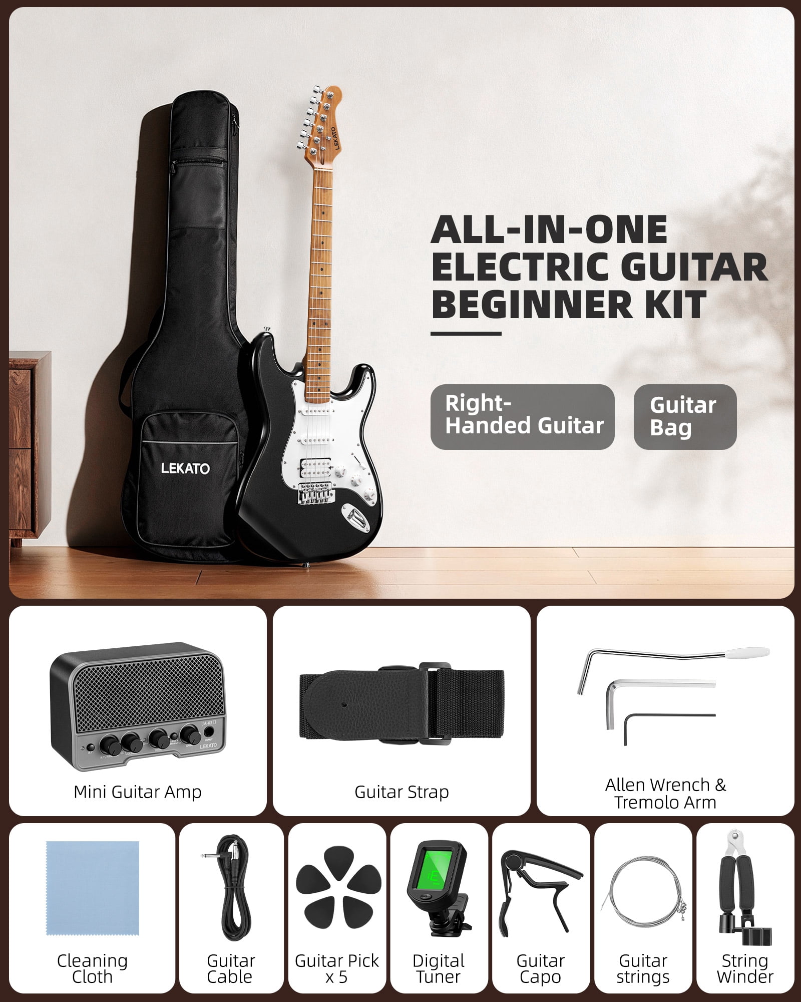 LEKATO Electric Guitar Kit Beginner 39 Inch Full Size Solid Body Guitar HSS for Starter Roasted Maple Neck Fretboard Stainless Steel Frets, 5W Mini Amp, Bag, Tuner, Capo, Strap, String, Picks