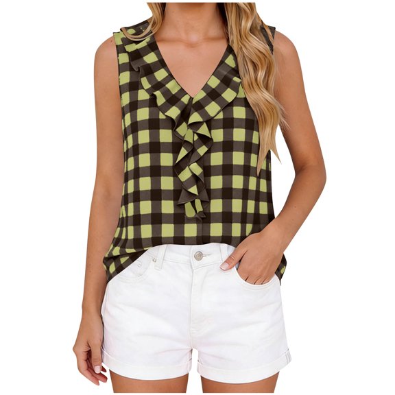 Mifsaly Womens Ruffle V Neck Tank Tops Plaid Sleeveless Blouse Elegant Flounce Trim Summer Shirts Lightweight Fashion Casual Loose Fit Tunic Top Army Green,XXL