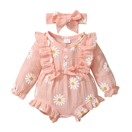 

Newborn Baby Girls Ribbed Long Sleeve Bodysuits Dress Bowknot Floral Jumpsuits With Headband Spring Autumn Outfits