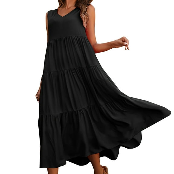 Plus Size Elegant Women'S Holiday Dress Solid Color V Neck Tiered Hem Loose Fit Linen Maxi Dress For Casual Outings