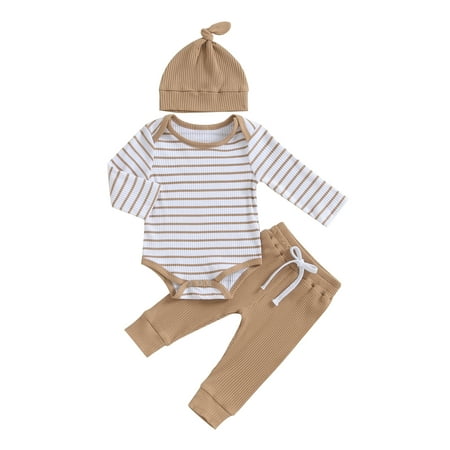 

Luethbiezx Striped Romper with Pants and Hat Set for Infants Long Sleeve