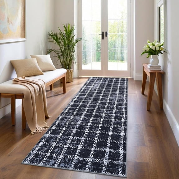 2x6 Runner Rug, Washable Low Pile Non Slip Indoor Carpet, Geometric Checkered Print Floor Runner for Kitchen, Hallway, Bathroom, Entryway,blue