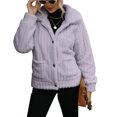 thumbnail image 1 of Abrigo de lana de invierno para mujer, chaqueta cálida a rayas con botones de solapa de manga larga, sin planchado, con bolsillos para fiestas, compras, trabajo, morado, XL, 1 of 4