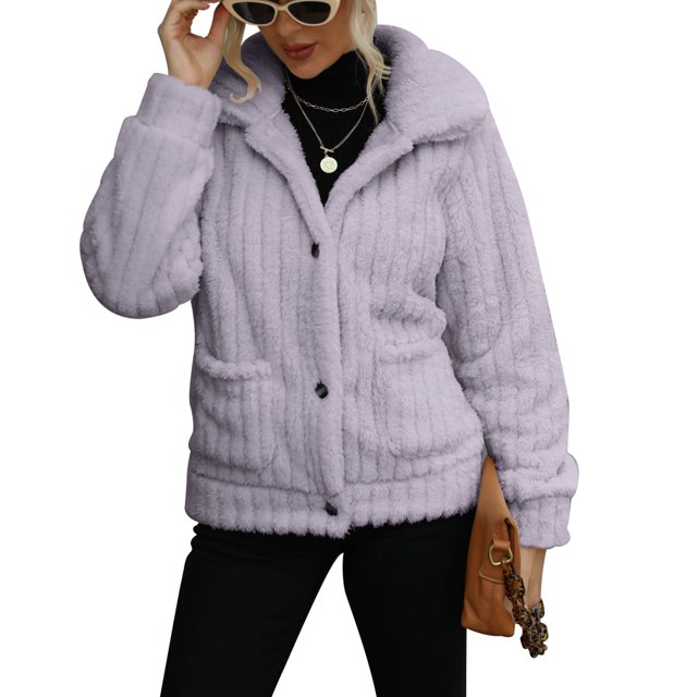 Abrigo de lana de invierno para mujer, chaqueta cálida a rayas con botones de solapa de manga larga, sin planchado, con bolsillos para fiestas, compras, trabajo, morado, XL