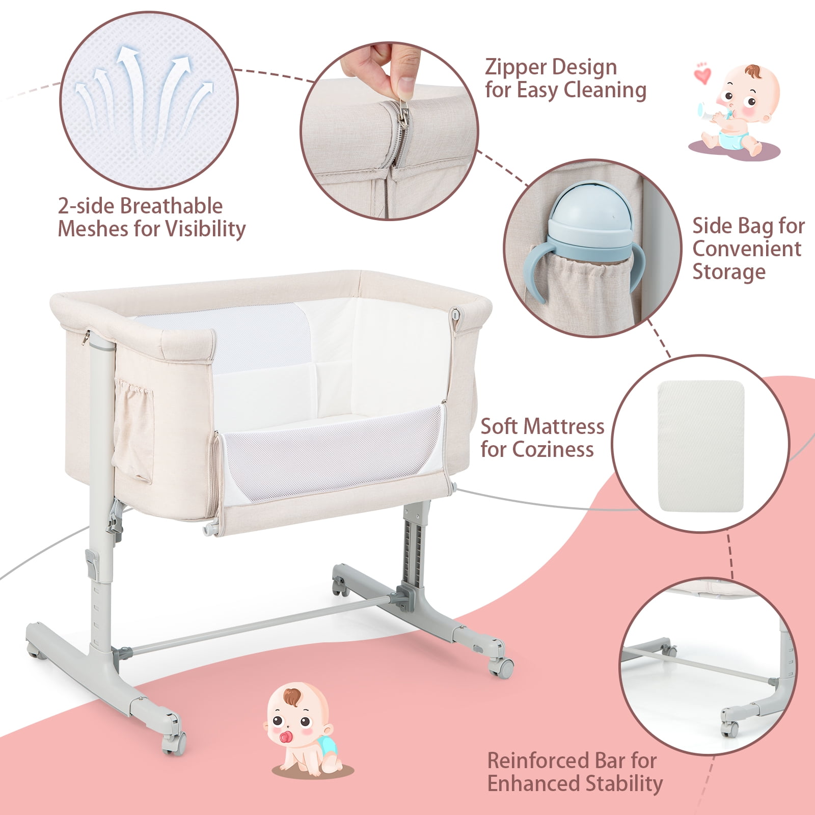 Babyjoy 3-in-1 Baby Bassinet Beside Sleeper Crib with 5-Level Adjustable Heights Beige
