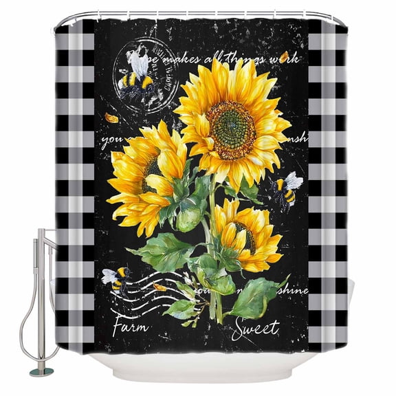 Sunflower Country Bathroom Shower Curtains with Hooks, Florals Bee Farmhouse Black Buffalo Plaid Waterproof Fabric Washable Shower Curtain for Home Hotel Bathtub Decor 54x78 Inch