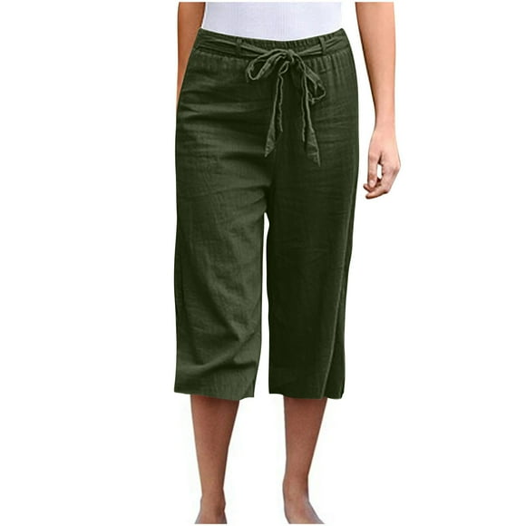 ZVAVZ Womens Capri Pajama Pants,Womens Solid Color High Waist Capri Bandage Pockets Straight Pants Casual Summer Baggy Capris Pants on Sale Green,L