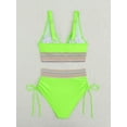 thumbnail image 4 of Women Tummy Control Swimsuits Color Block Two Piece Drawstring Bathing Suit Fluorescent Green L, 4 of 7