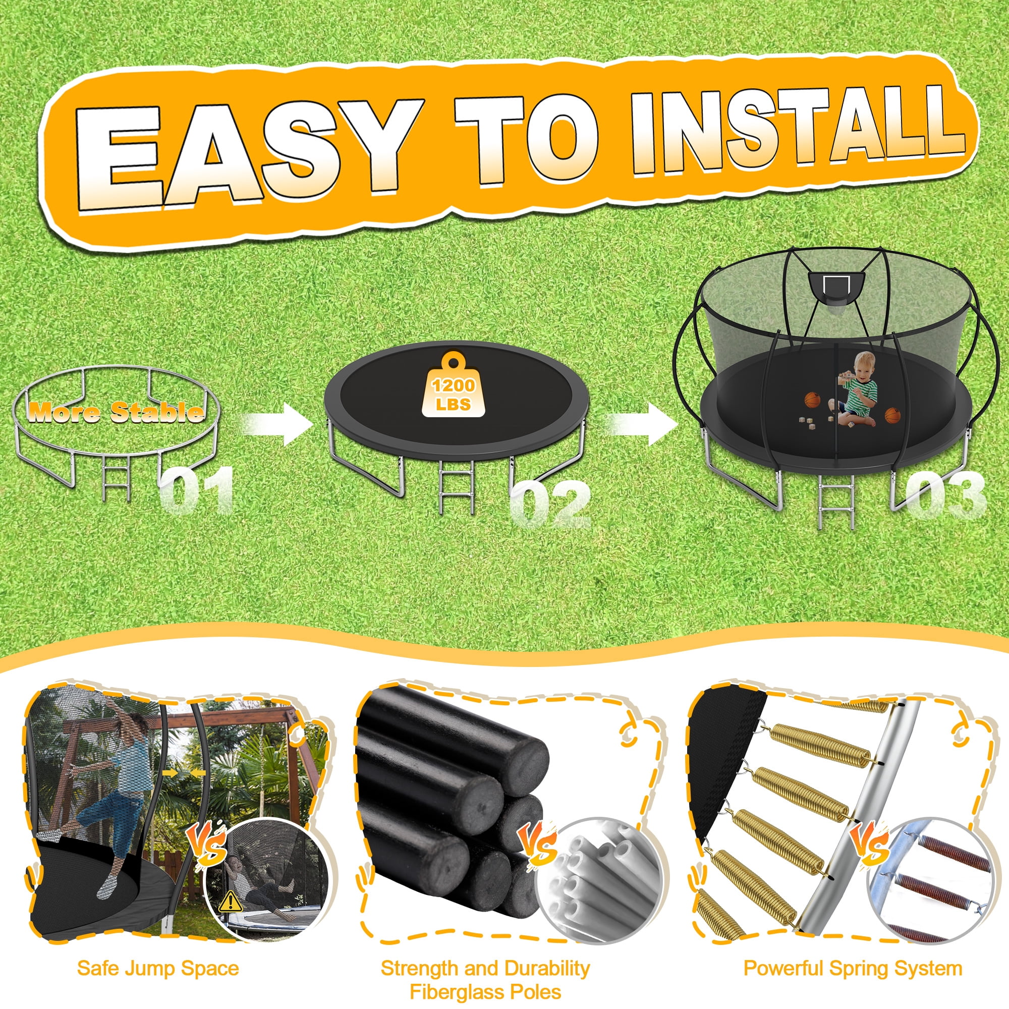 XMIKA Trampoline, 1200LBS 12FT Trampoline for 1-2 Adults/ 4-5 Kids, Trampoline with Enclosure Net, Basketball Hoop, Ladder, Light, Sprinkler, Backyard Outdoor Heavy Duty Trampoline, No Gap Design