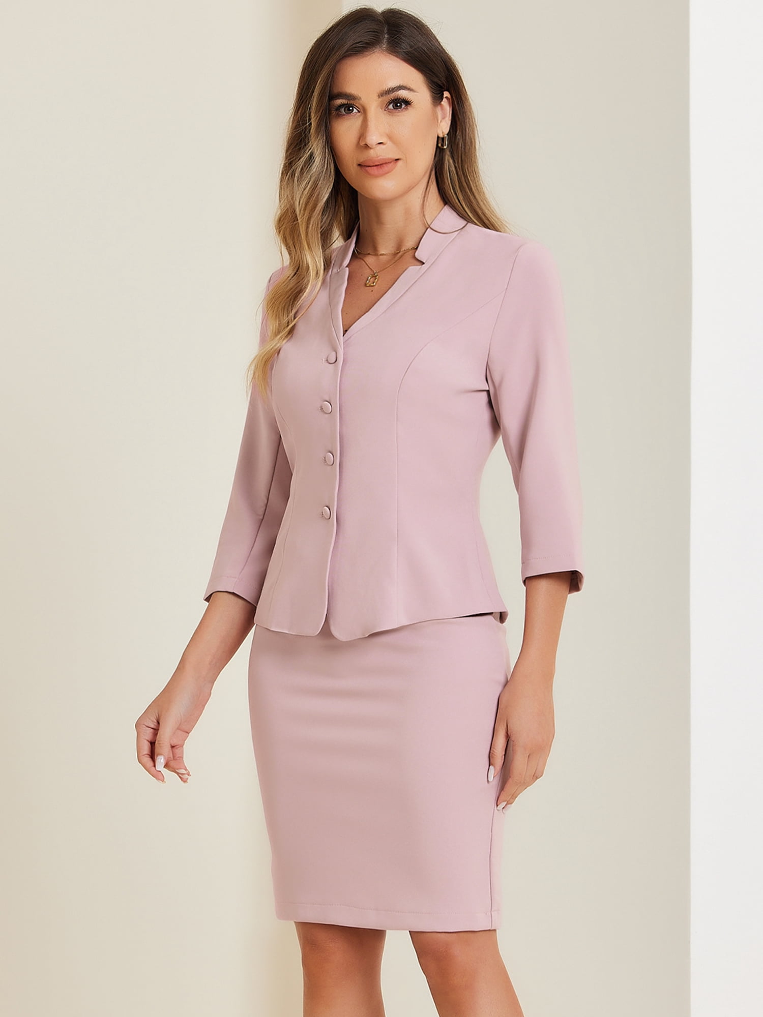 DARING DIVA 2Pcs Women's Notched Collar Business Pencil Skirt Suit Set XL Grey Pink