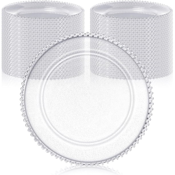 Paquete de 50 platos de carga transparentes a granel de plástico de 13 pulgadas con abalorio redondas, platos de servicio decorativos de grano esmerilado acrílico para bodas, fiestas