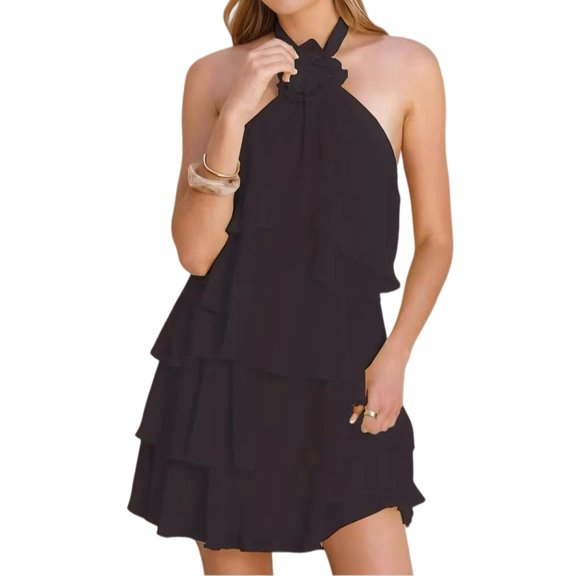 Women's Floral Backless Mini Halter Neck Applique Layered Ruffled Hem Dress for Party Black S
