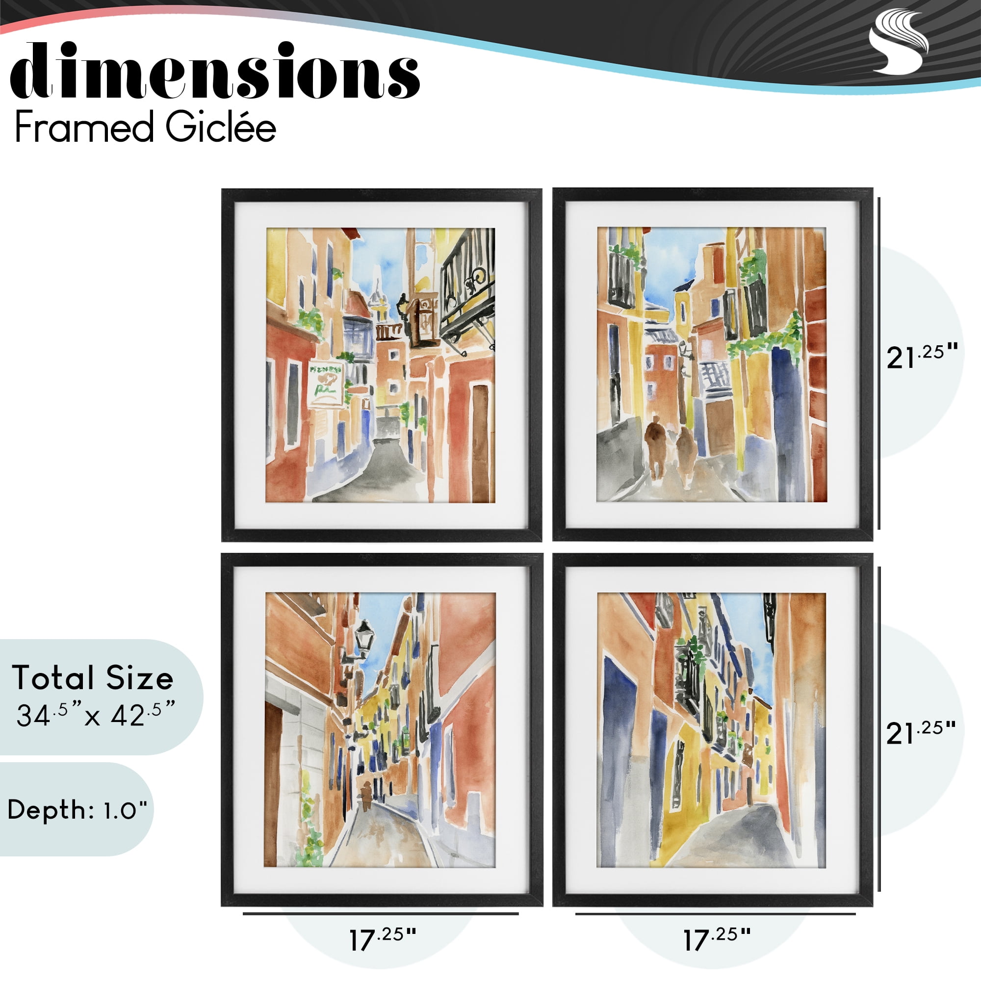 Stupell Industries Madrid Buildings & Architecture 4 Piece Black Framed Print Under Glass Set, design by June Erica Vess