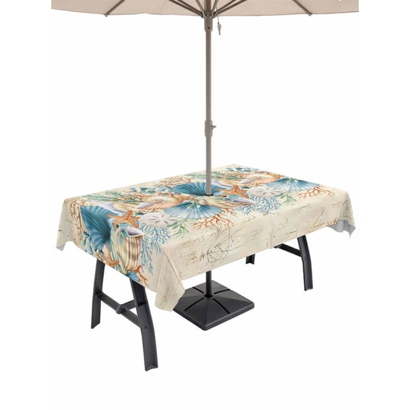 Outdoor Tablecloths with Umbrella Hole & Zipper, Beach Coastal Beige Rectangle Tablecloth 60x120 Inch, Nautical Shell Starfish Coral Summer Waterproof Table Cloth, Patio/Pool/Picnic Table Covers