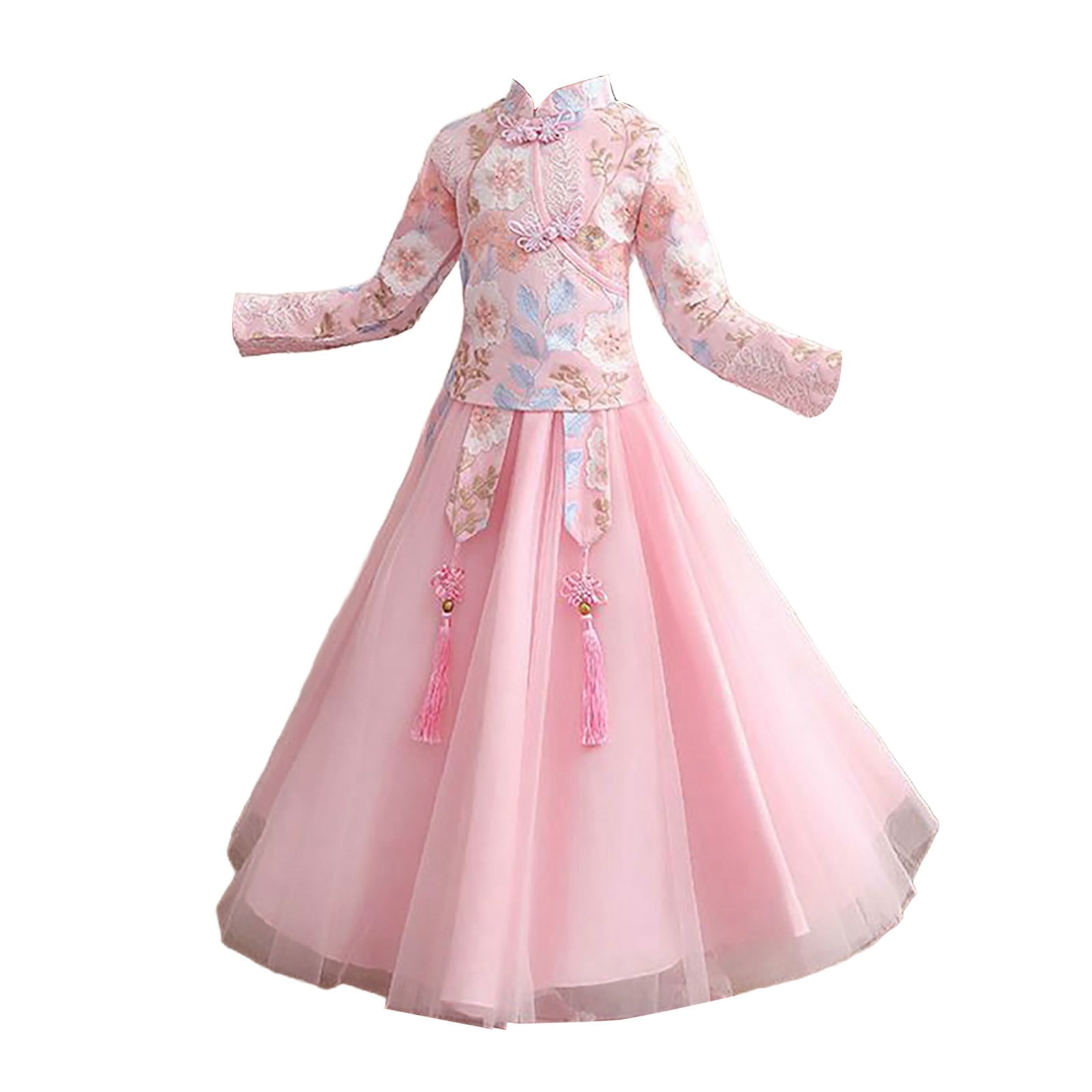 Coerni Toddler Baby Girls New Year's Tang Suit Sets Chinese Ancient Clothing Sets Vintage Long Sleeve Floral Top Dress 2Pcs Outfits