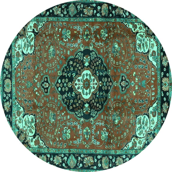 Ahgly Company Indoor Round Medallion Turquoise Blue Traditional Area Rugs, 7' Round