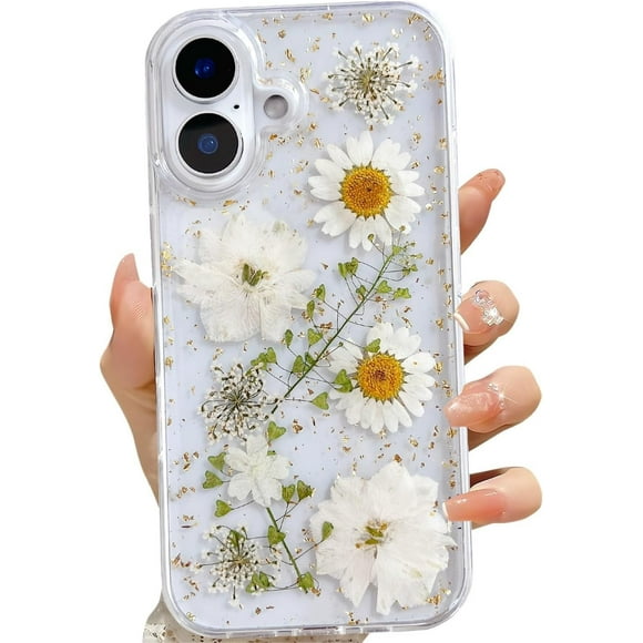 Funda de teléfono LSEEKA para iPhone 16 transparente con diseño de flores reales